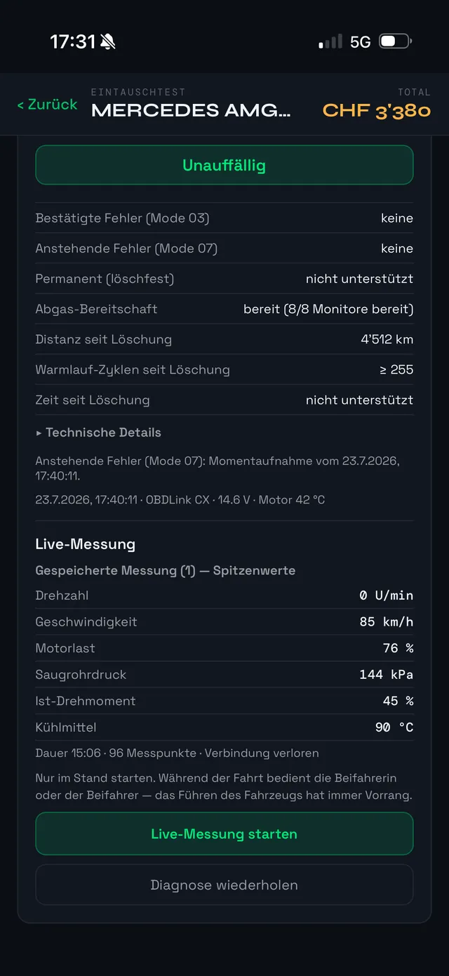 OBD-Kurzcheck mit Befund Unauffällig und Live-Messwerten